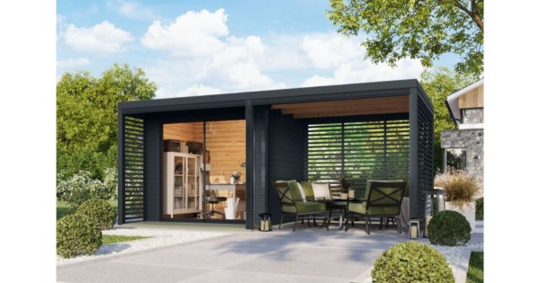 Karibu Gartenhaus Saturn B Anthrazit / Anthrazit mit Anbaudach 537,5 x 276 cm