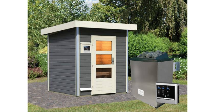 Karibu Sauna Torge Terragrau +9 kW Saunaofen mit ext. Steuerung Easy