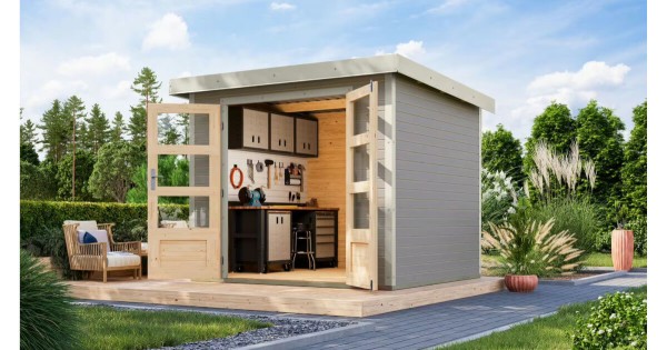 Karibu Hybrid Gartenhaus Jupiter 3 D 19 mm Blockbohlenhaus 234x209 cm wassergrau