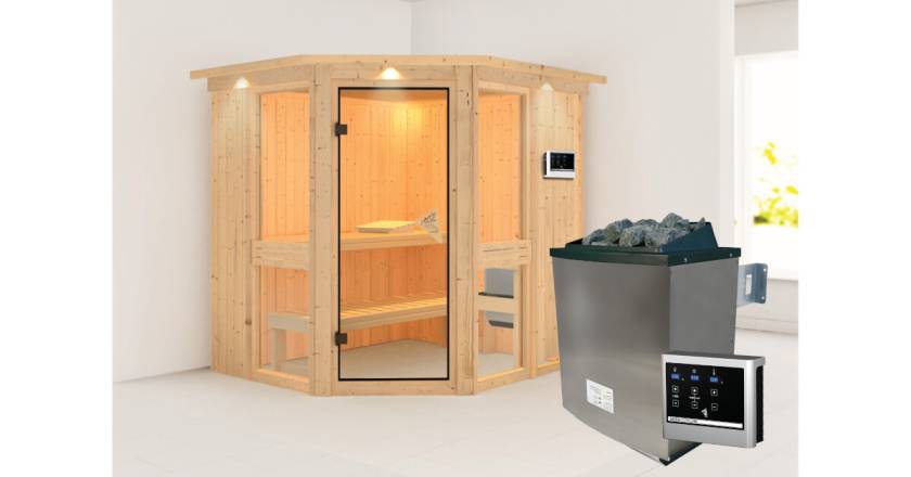 Karibu Sauna Amelia 1 mit Dachkranz + 9kW Saunaofen mit ext. Steuerung