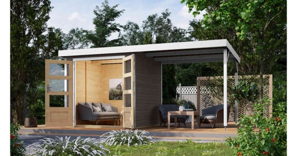 Karibu Hybrid Gartenhaus Jupiter B 19 mm Blockbohlenhaus 205x209 cm mit Anbau 2,40 m unbehandelt