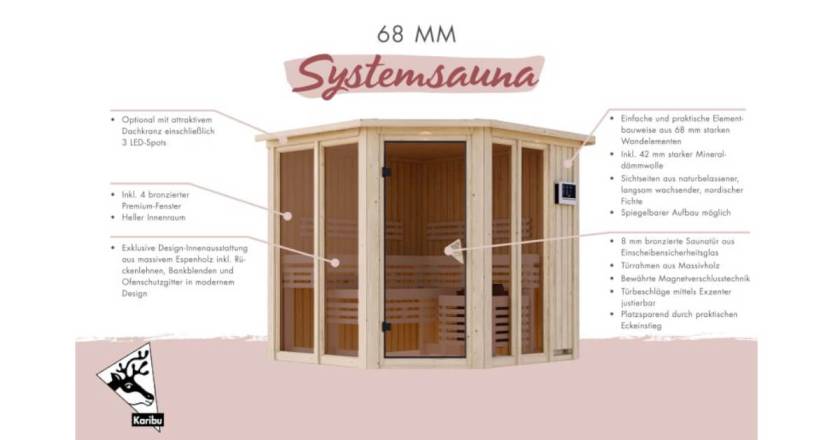 Karibu Sauna Airi mit Dachkranz + 9 kW Ofen mit integrierter Steuerung