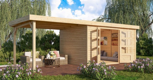 Karibu 19mm Gartenhaus Retola 6 unbehandelt mit Anbauschrank + 2,80m Anbau