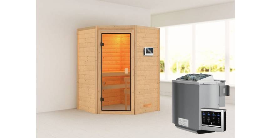 Karibu Ecksauna Antonia + 9kW BIO-Kombiofen mit ext. Steuerung Easy