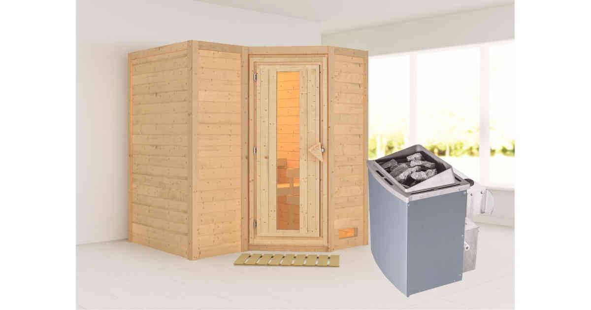 Karibu Sauna Sahib 1 + 9kW Saunaofen mit integr. Steuerung Klarglas Ganzglastür