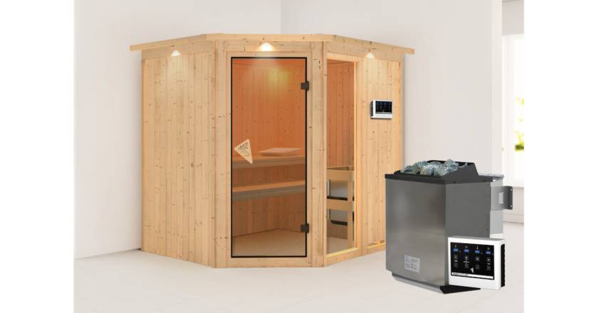 Karibu Sauna Fiona 3 mit Dachkranz + 9kW BIO-Kombiofen mit ext. Steuerung Easy