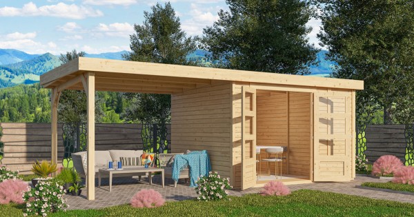 Karibu 19mm Gartenhaus Retola 4 unbehandelt mit Anbauschrank + 2,80m Anbau