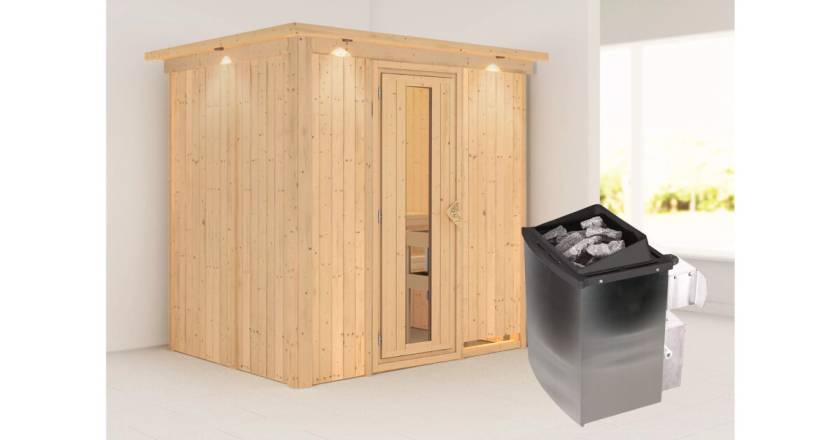 Karibu Sauna Bodin mit Dachkranz + 9kW Saunaofen mit integrierter Steuerung
