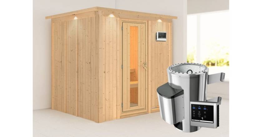 Karibu Sauna Daria mit Dachkranz + 3,6kW Saunaofen mit ext. Steuerung Easy