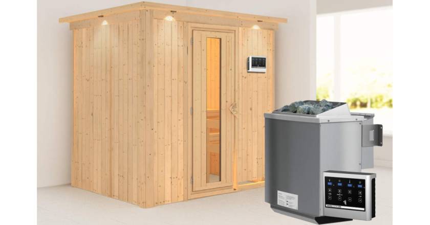 Karibu Sauna Bodin mit Dachkranz + 9kW BIO-Kombiofen mit ext. Steuerung Easy