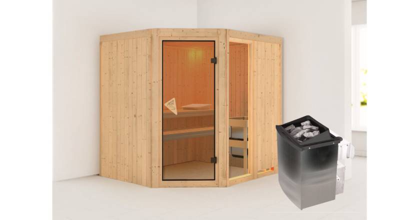 Karibu Sauna Fiona 2 ohne Dachkranz + 9kW Saunaofen mit integrierter Steuerung