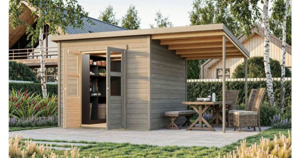 Karibu Gartenhaus 14 mm Merseburg 6 mit Anbau vorvergraut 404 x 244 cm