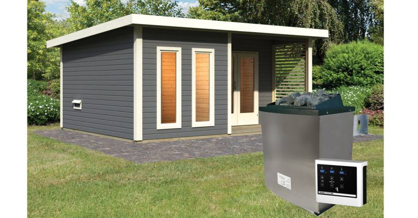 Karibu Sauna Mainburg 5 terragrau mit Vorraum + 9 kW Saunaofen mit ext. Steuerung Easy