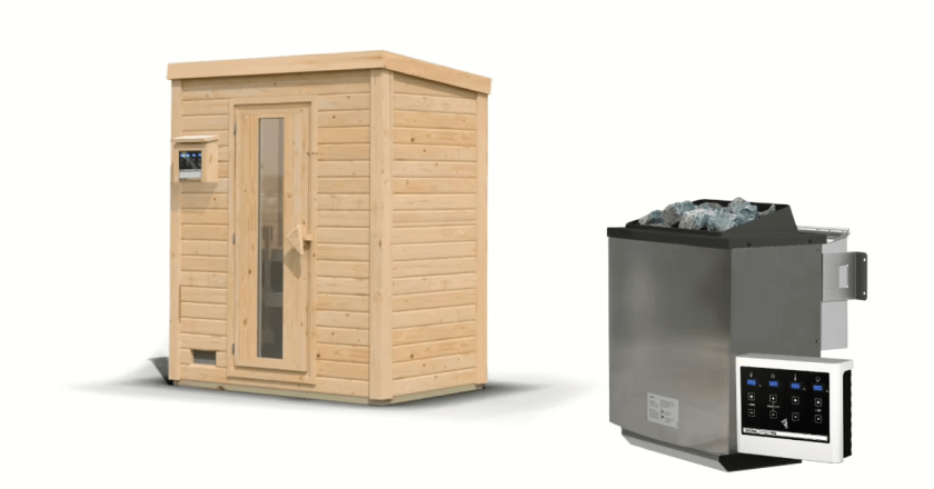 Karibu Sauna Hytti 0 naturbelassen mit 9 kW Bio-Ofen mit externer Steuerung
