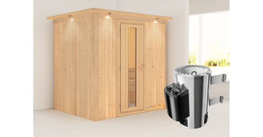 Karibu Sauna Fanja mit Dachkranz + 3,6kW Saunaofen mit integr. Steuerung