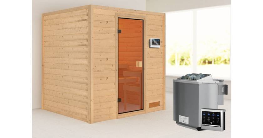 Karibu Sauna Adelina ohne Dachkranz + 9kW BIO-Kombiofen mit ext. Steuerung Easy