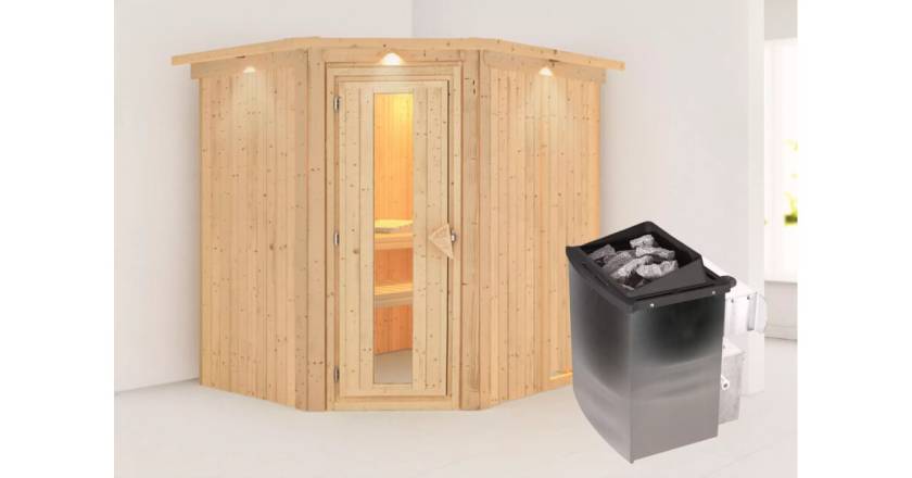 Karibu Sauna Siirin mit Dachkranz + 9kW Saunaofen mit integrierter Steuerung