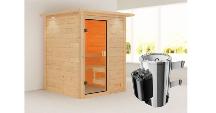 Karibu Sauna Sandra mit Dachkranz + 3,6kW Plug&Play Ofen integrierte Steuerung