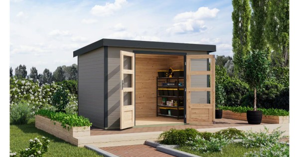 Karibu Hybrid Gartenhaus Jupiter 5 D 19 mm Blockbohlenhaus 299x243 cm wassergrau