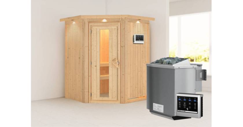 Karibu Sauna Larin mit Dachkranz + 9kW BIO-Kombiofen mit ext. Steuerung Easy