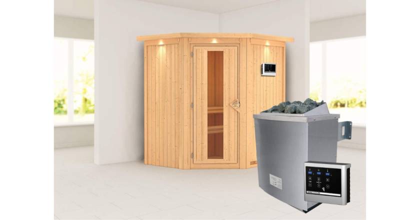 Karibu Sauna Taurin mit Dachkranz + 9kW Saunaofen mit ext. Steuerung Easy