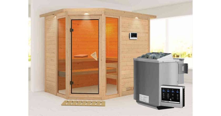 Karibu Sauna Sinai 3 mit Dachkranz + 9kW BIO-Kombiofen mit ext. Steuerung Easy