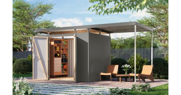 Karibu Metallhaus Aurum 3 mit Anbaudach Graualuminium 497 x 209 cm