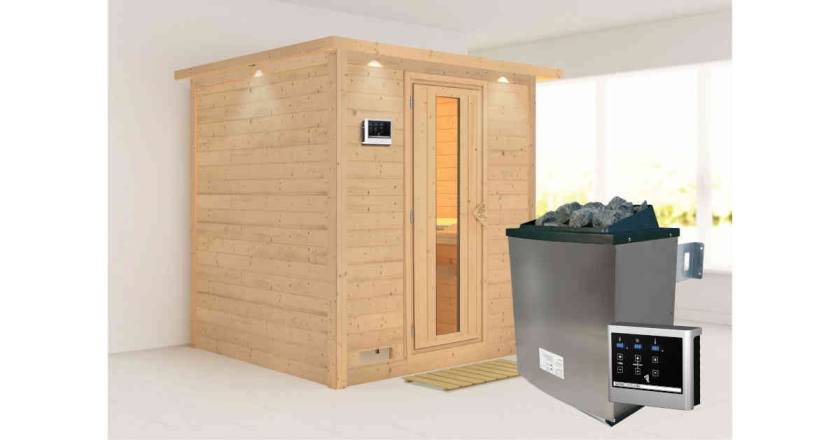 Karibu Sauna Mojave mit Dachkranz + 9kW Saunaofen mit ext. Steuerung Easy